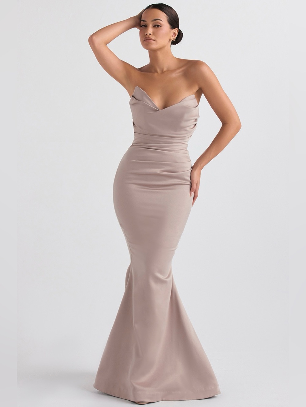 House of CB Fleur Satin Strapless Gown In Mushroom Size Small